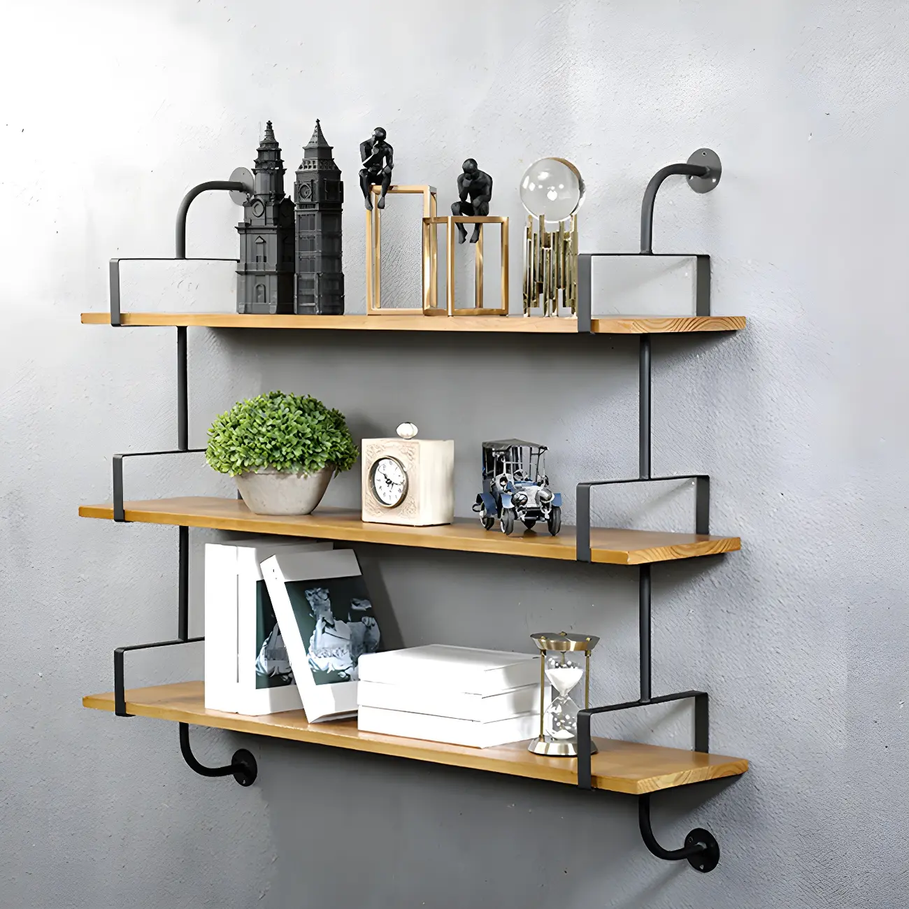 Simple 2-Tier Wood & Metal Wall-Mounted Bookcase Image - 10 | homeyfad