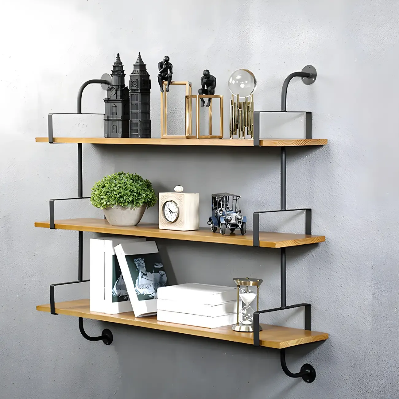 Simple 2-Tier Wood & Metal Wall-Mounted Bookcase Image - 10