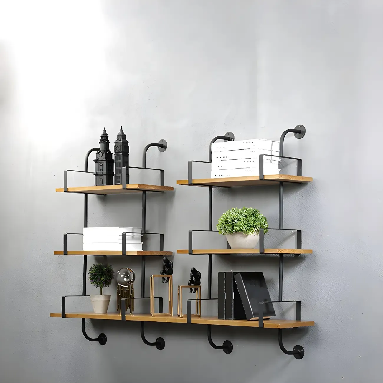 Simple 2-Tier Wood & Metal Wall-Mounted Bookcase Image - 11
