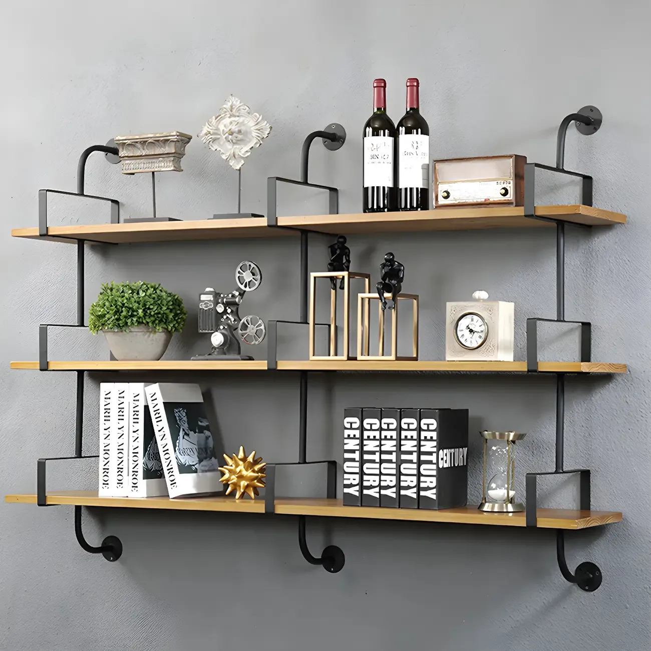Simple 2-Tier Wood & Metal Wall-Mounted Bookcase Image - 14