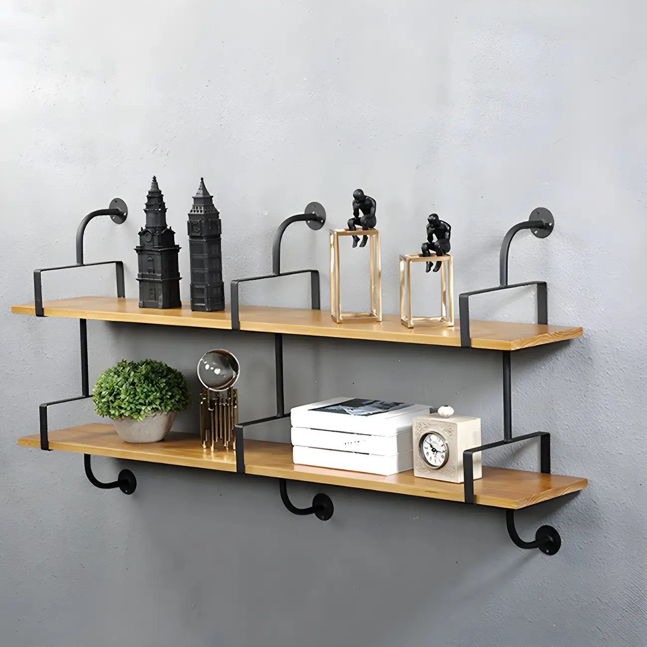 Simple 2-Tier Wood & Metal Wall-Mounted Bookcase Image - 2 | homeyfad