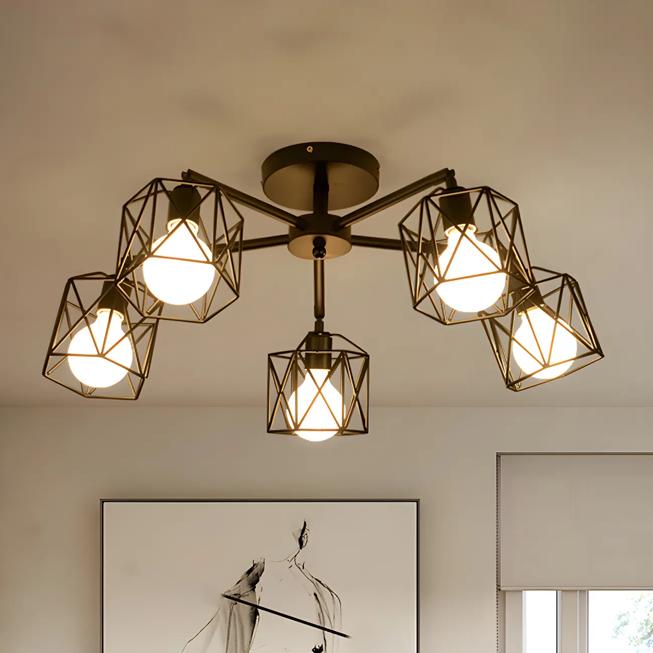 Industrial Black Metal Semi-Flush Ceiling Light in 3/5-Light Image - 6 | homeyfad