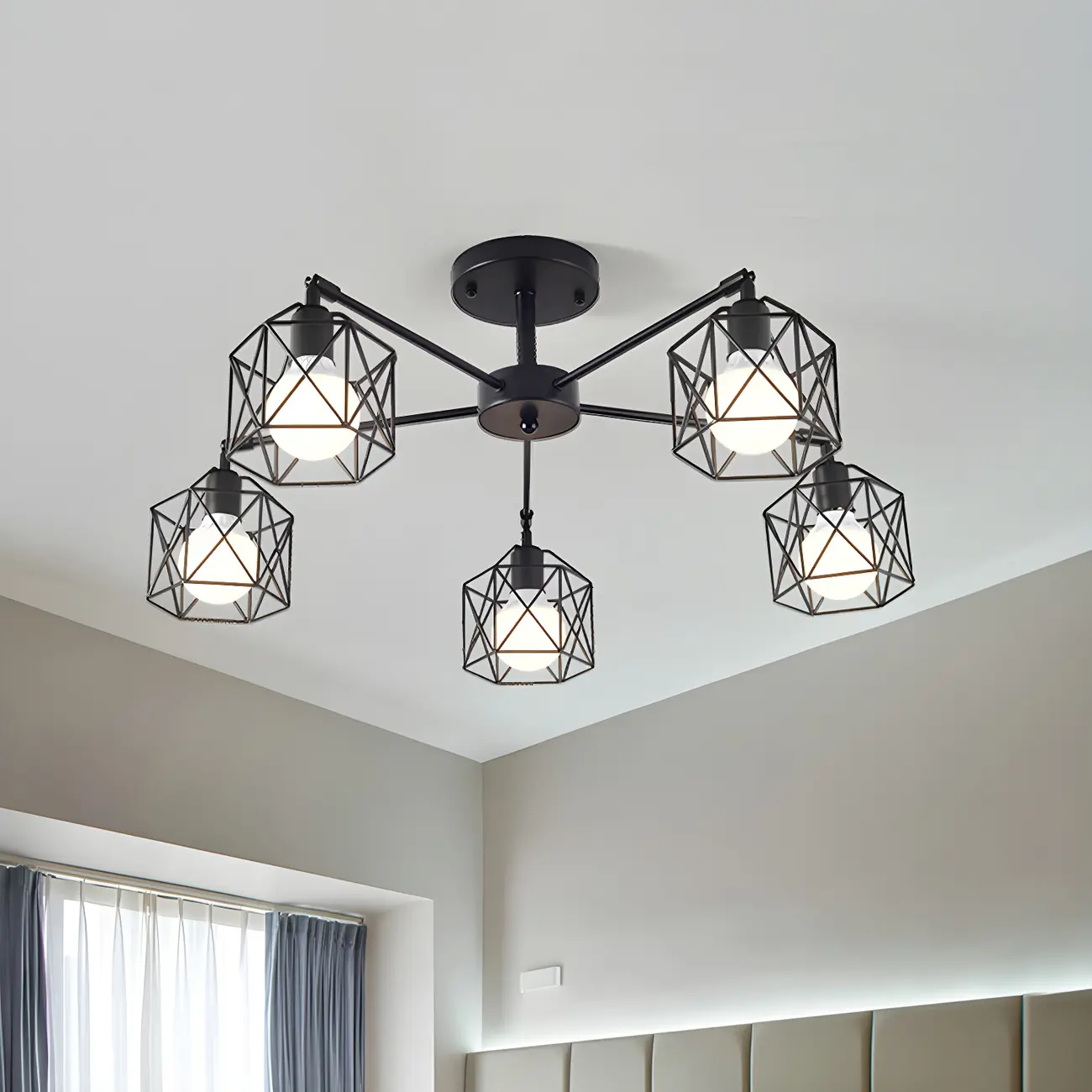 Industrial Black Metal Semi-Flush Ceiling Light in 3/5-Light Image - 7 | homeyfad