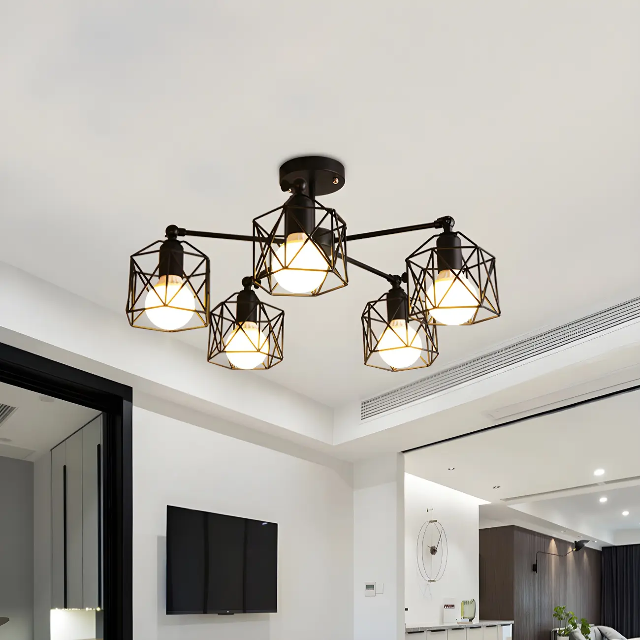 Industrial Black Metal Semi-Flush Ceiling Light in 3/5-Light Image - 8 | homeyfad