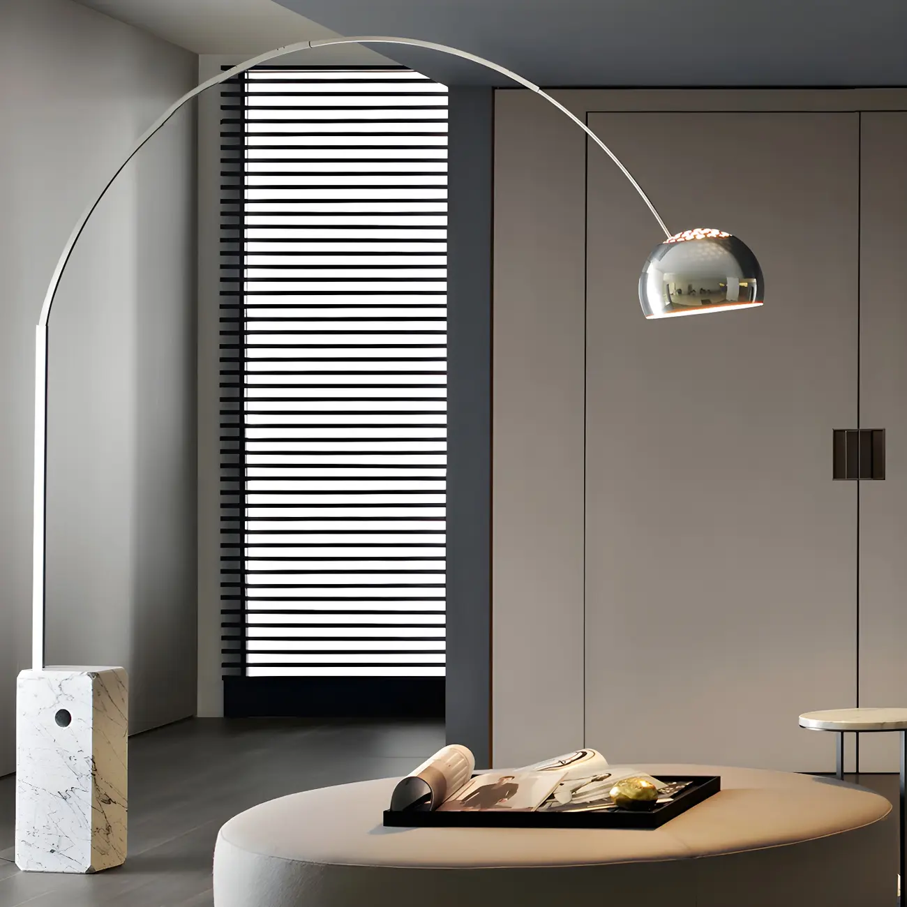 Modern Marble Base Arc Floor Lamp with Silver Dome Image - 1 | homeyfad
