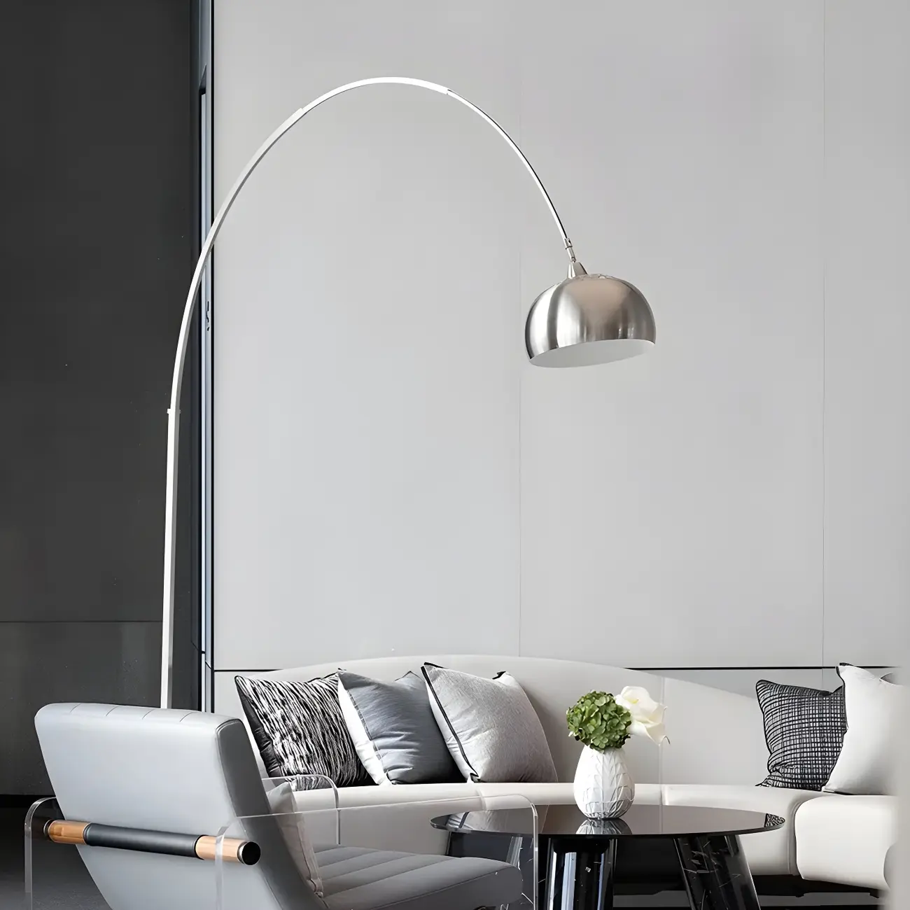 Modern Marble Base Arc Floor Lamp with Silver Dome Image - 2 | homeyfad