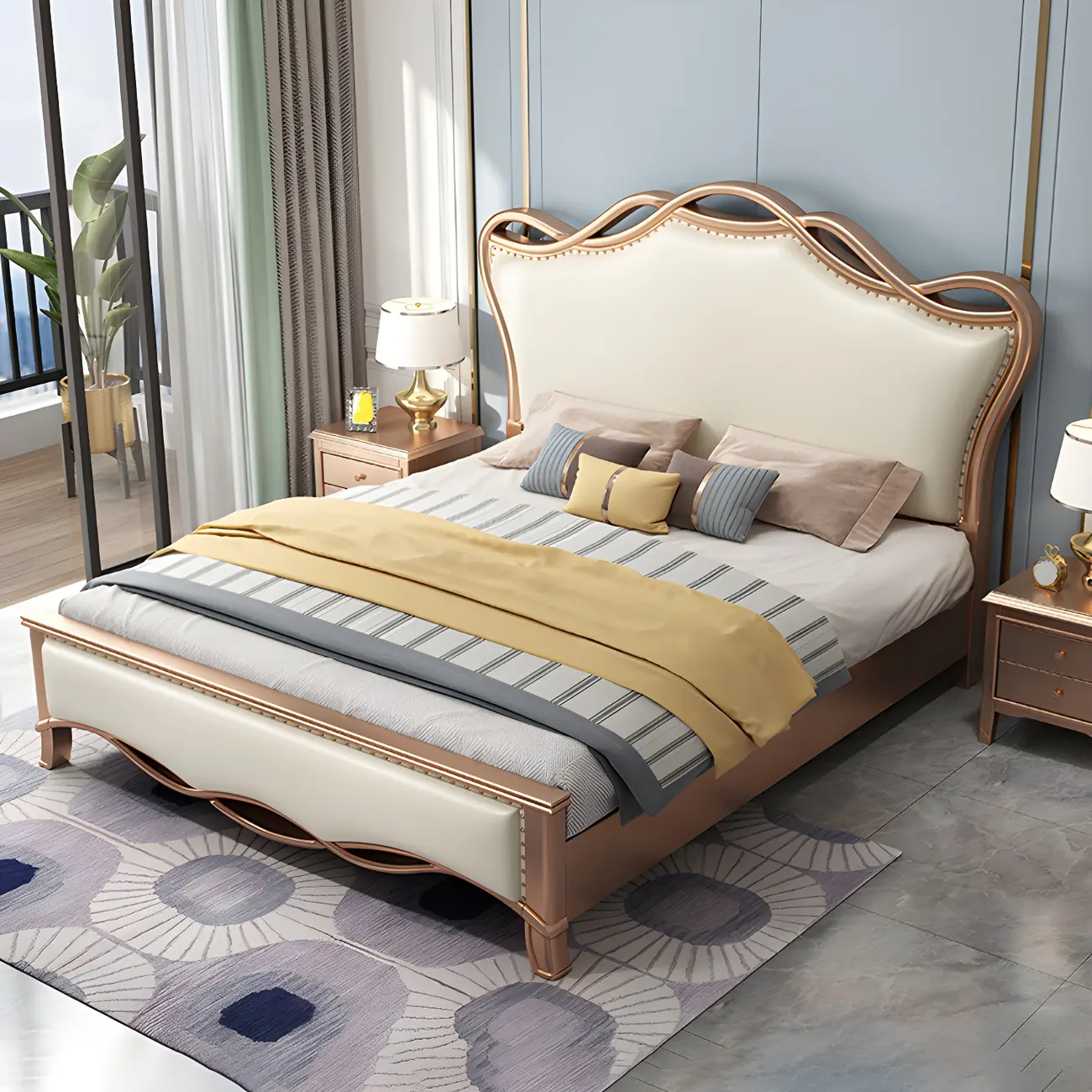 Victorian Upholstered Headboard Full Size Bed with Gold Trim Image - 2 | homeyfad