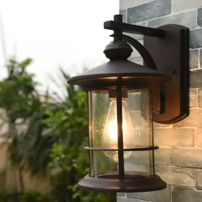 Rustic Metal Cylinder Glass Shade Outdoor Wall Light Image - 2