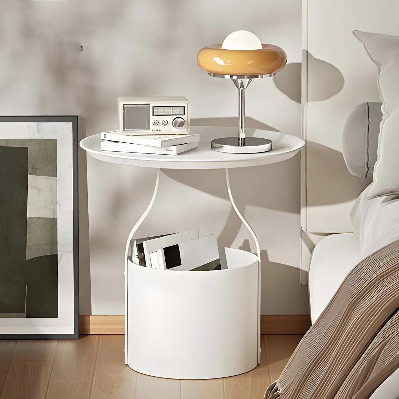 Minimalist Round Tray-Top Metallic Small Nightstand Image - 1 | homeyfad