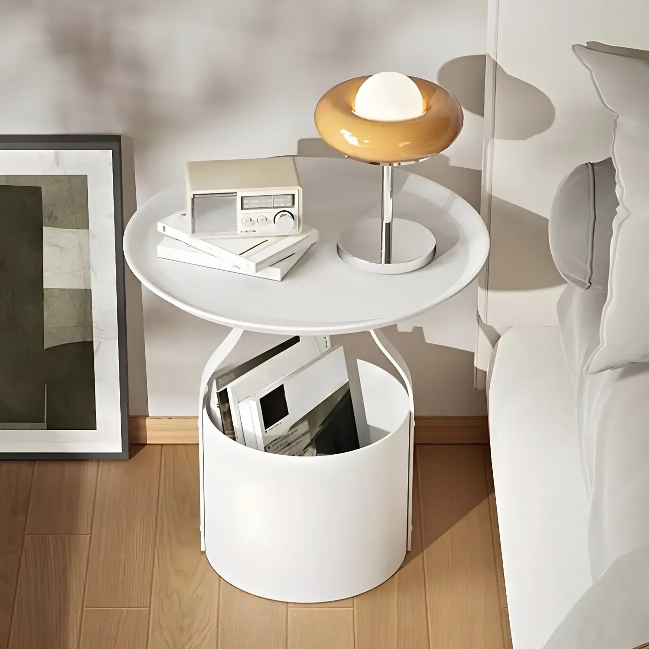 Minimalist Round Tray-Top Metallic Small Nightstand Image - 3