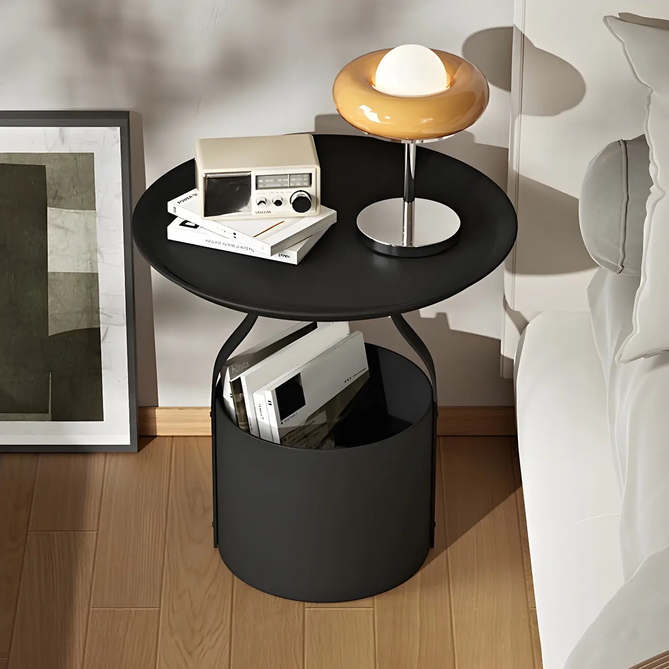 Minimalist Round Tray-Top Metallic Small Nightstand Image - 2 | homeyfad