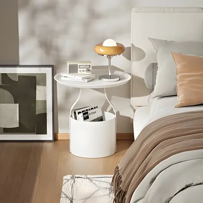 Minimalist Round Tray-Top Metallic Small Nightstand Image - 10