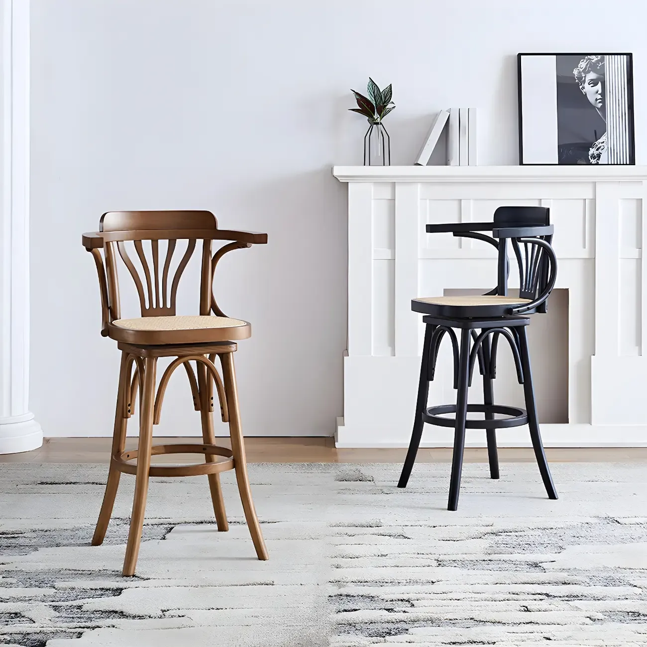 Timeless Square Rattan Wood Low Back Bar Stool in Brown/ Black Image - 2