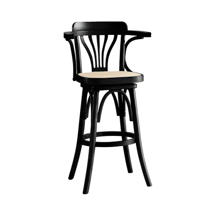 Timeless Square Rattan Wood Low Back Bar Stool in Brown/ Black Image - 3