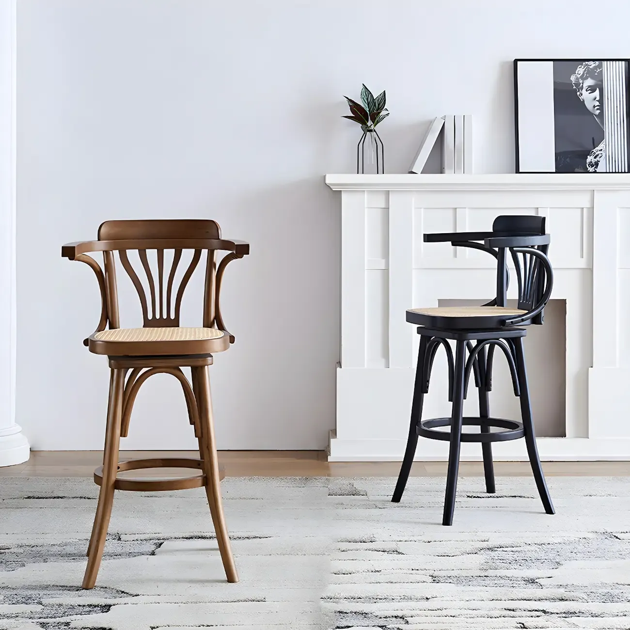 Timeless Square Rattan Wood Low Back Bar Stool in Brown/ Black Image - 4