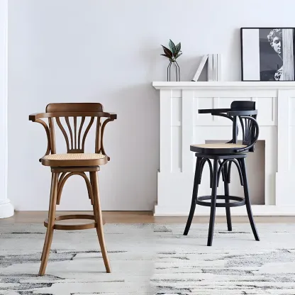 Timeless Square Rattan Wood Low Back Bar Stool in Brown/ Black Image - 4