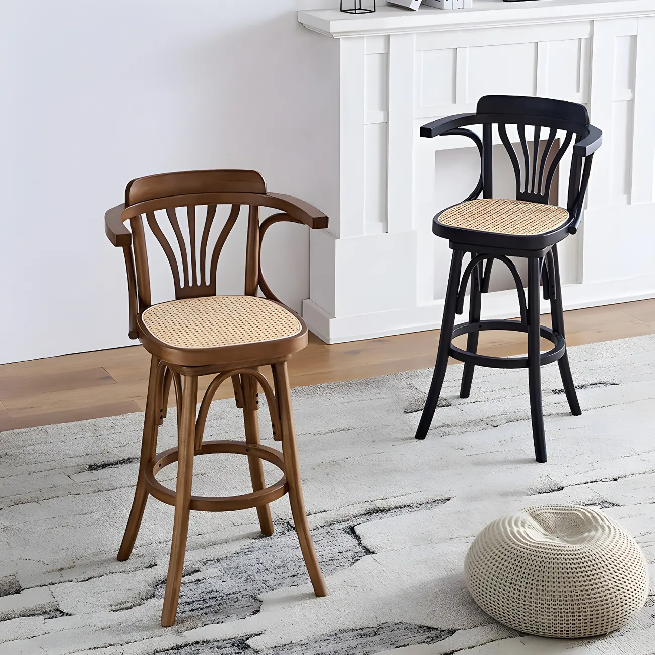 Timeless Square Rattan Wood Low Back Bar Stool in Brown/ Black Image - 1 | homeyfad