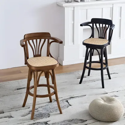 Timeless Square Rattan Wood Low Back Bar Stool in Brown/ Black Image - 1