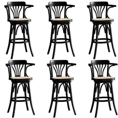 Timeless Square Rattan Wood Low Back Bar Stool in Brown/ Black Image - 8