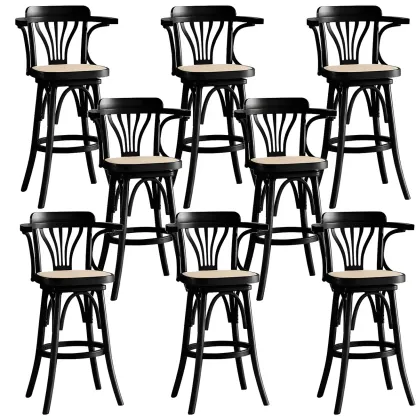 Timeless Square Rattan Wood Low Back Bar Stool in Brown/ Black Image - 9