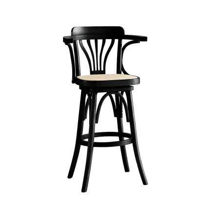 Timeless Square Rattan Wood Low Back Bar Stool in Brown/ Black Image - 10