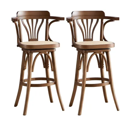 Timeless Square Rattan Wood Low Back Bar Stool in Brown/ Black Image - 23