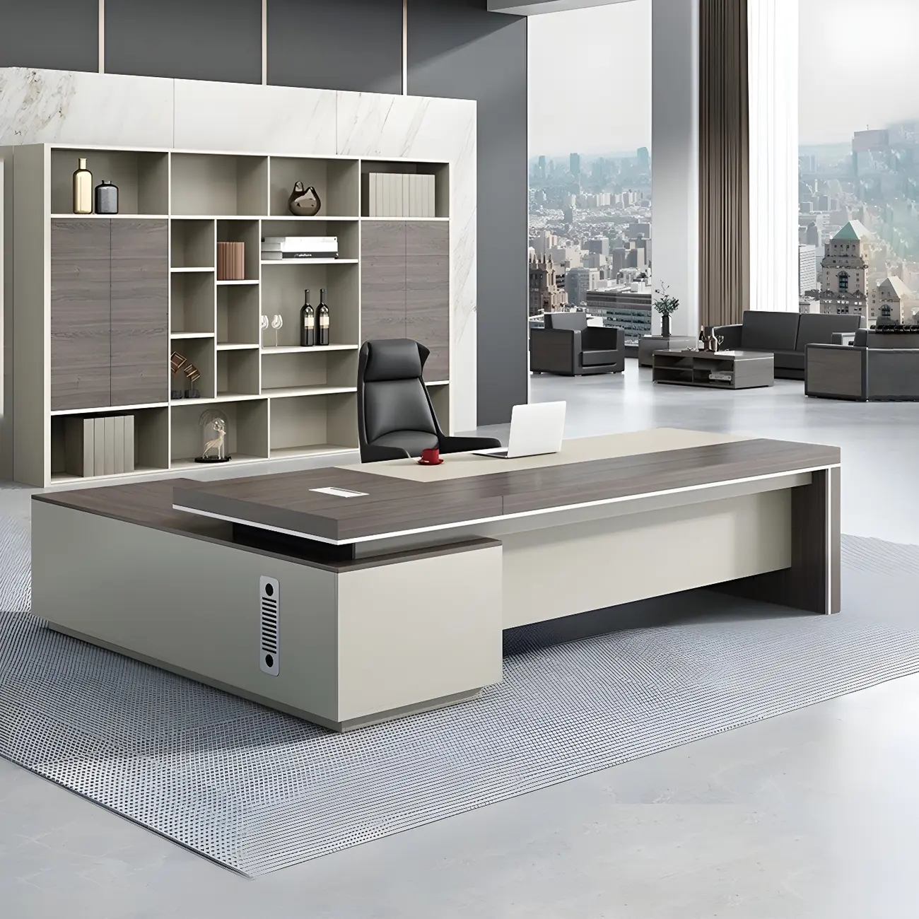 Gray Modern Wooden L-Shaped Executive Desk with Drawers Image - 1 | homeyfad