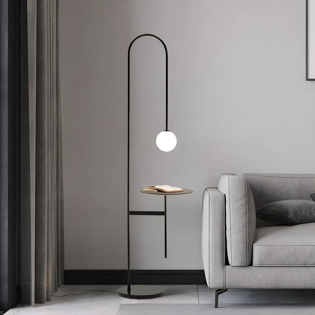 Minimalist Black Glass Globe Arc Floor Lamp with Shelf | homeyfad