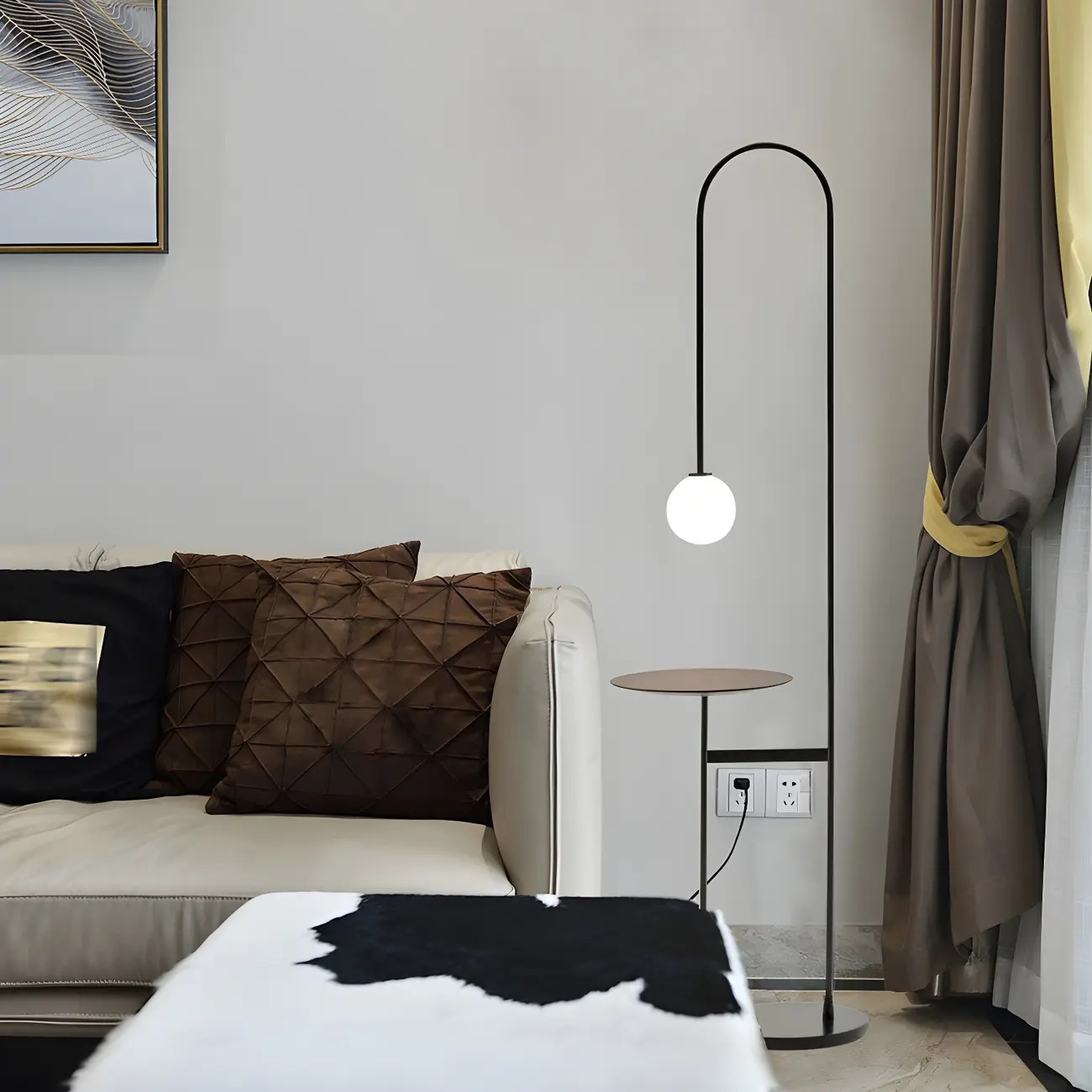 Minimalist Black Glass Globe Arc Floor Lamp with Shelf | homeyfad