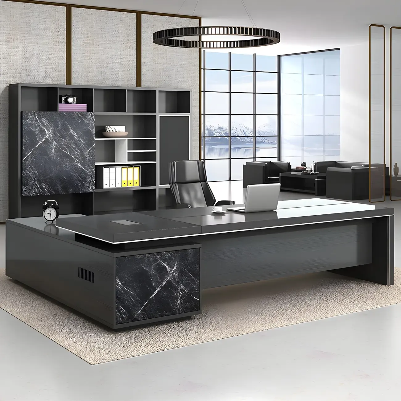 Long Wooden Black L-Shaped Executive Desk with Drawers Image - 1