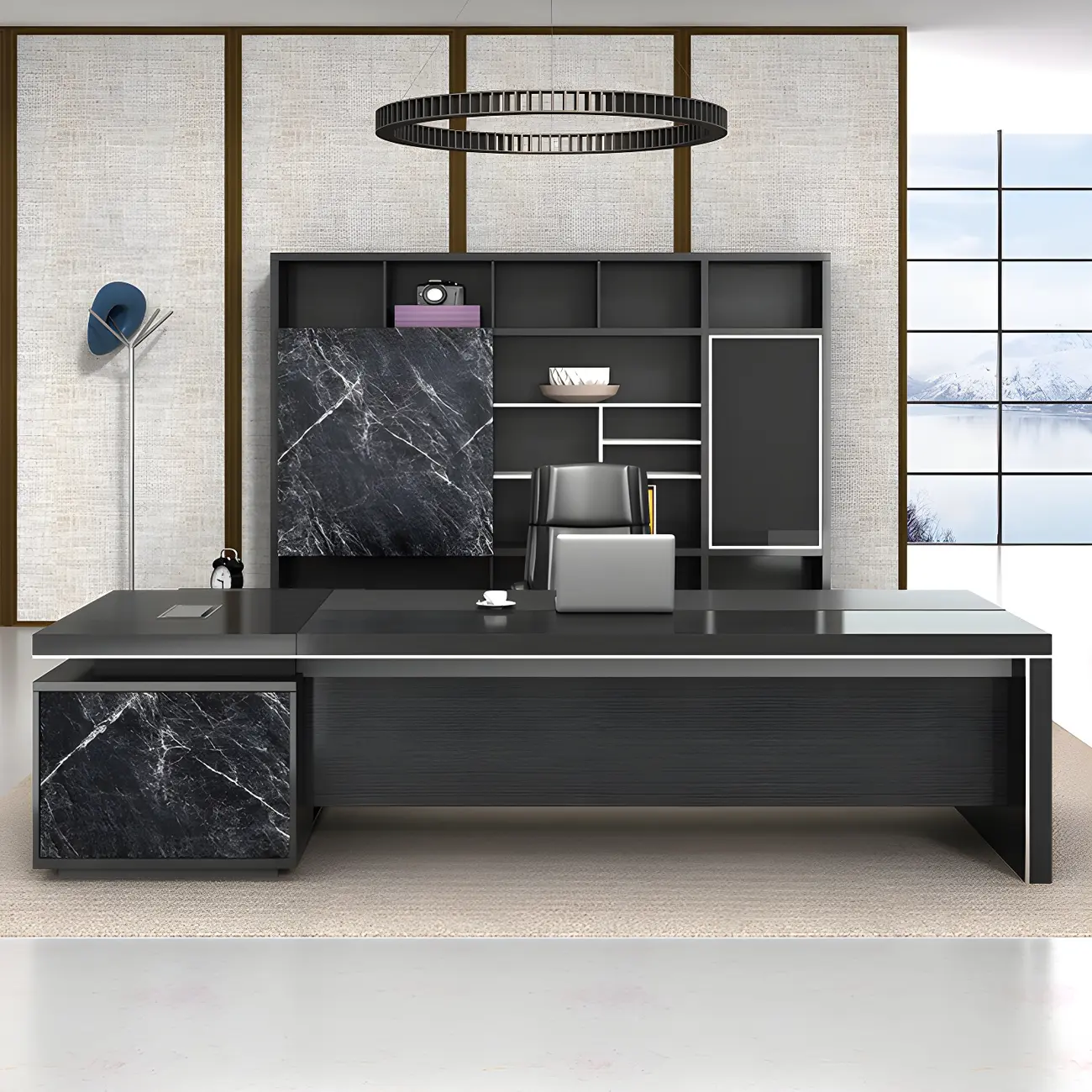 Long Wooden Black L-Shaped Executive Desk with Drawers Image - 2 | homeyfad