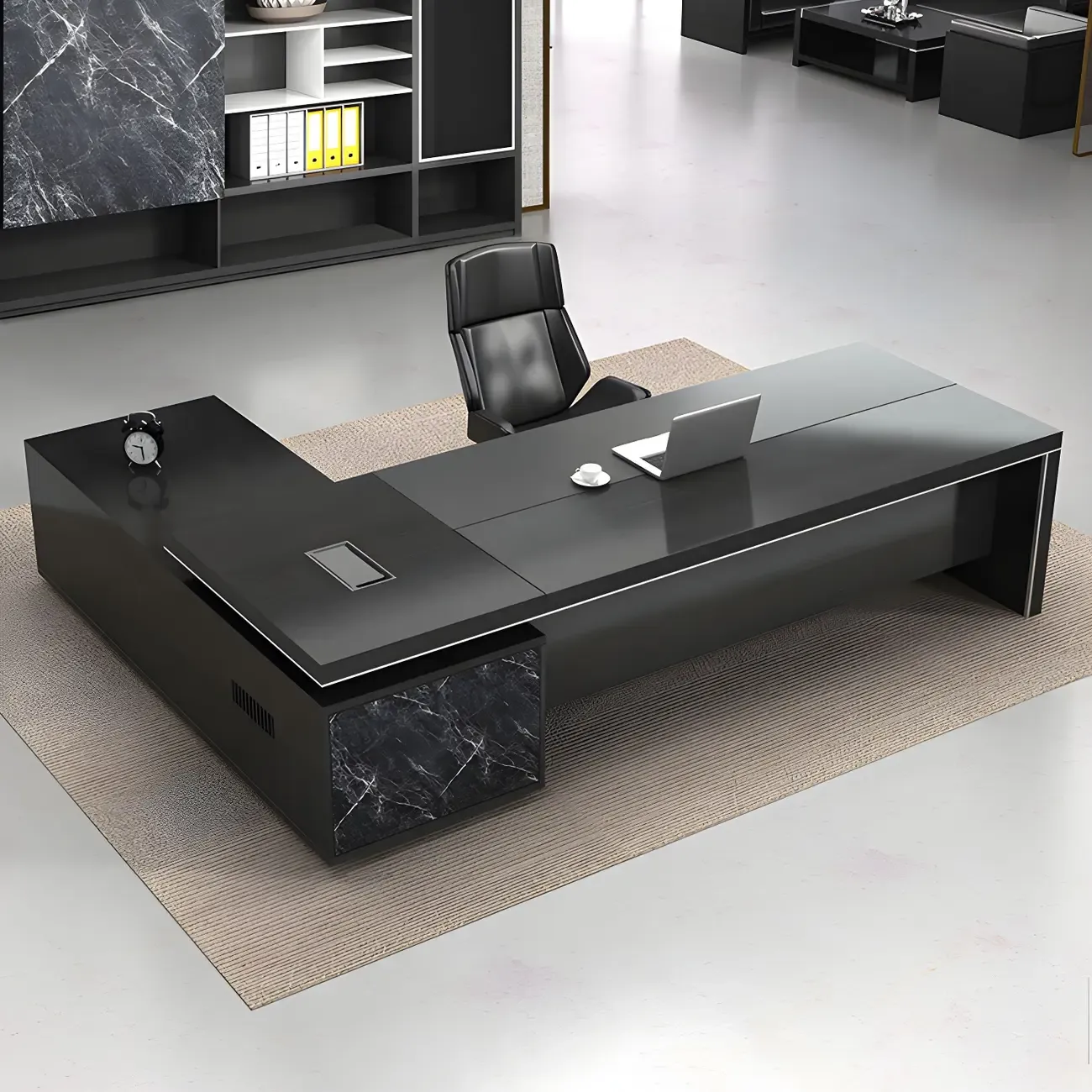 Long Wooden Black L-Shaped Executive Desk with Drawers Image - 3