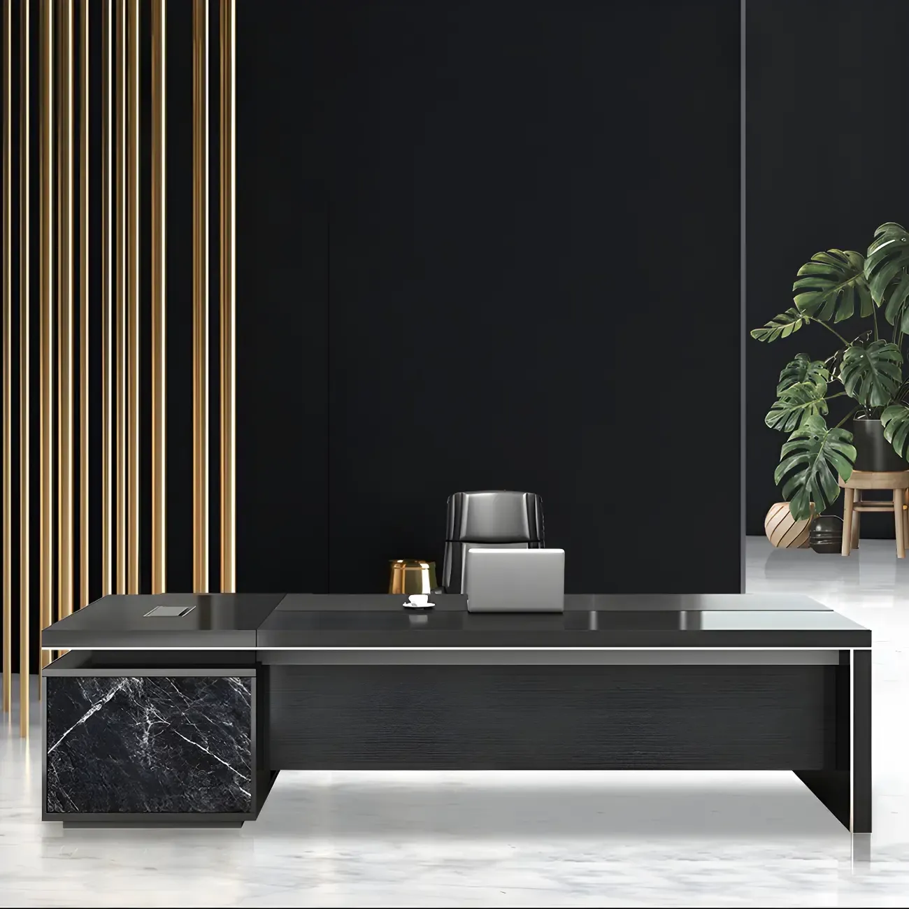 Long Wooden Black L-Shaped Executive Desk with Drawers Image - 4