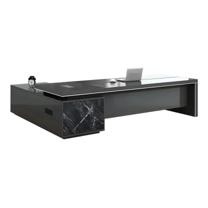 Long Wooden Black L-Shaped Executive Desk with Drawers Image - 9
