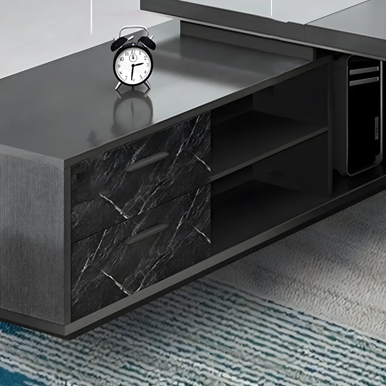 Long Wooden Black L-Shaped Executive Desk with Drawers Image - 8