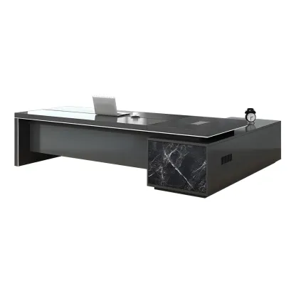 Long Wooden Black L-Shaped Executive Desk with Drawers Image - 10