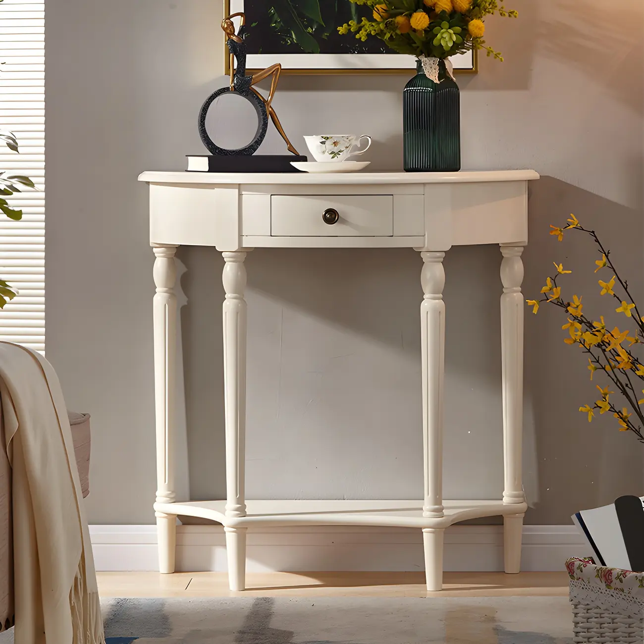 White Wood Floor Shelf Console Table with Drawer Image - 1 | homeyfad