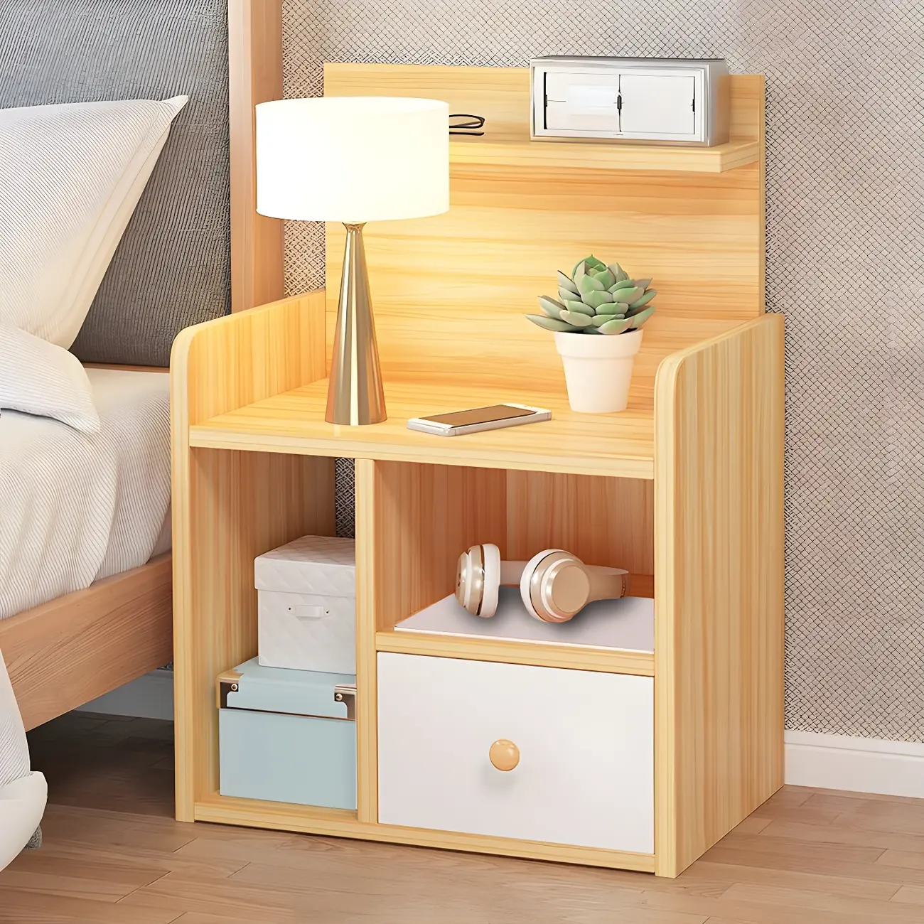 Modern Wooden Bedside Table with Storage – Natural Finish Image - 1 | homeyfad