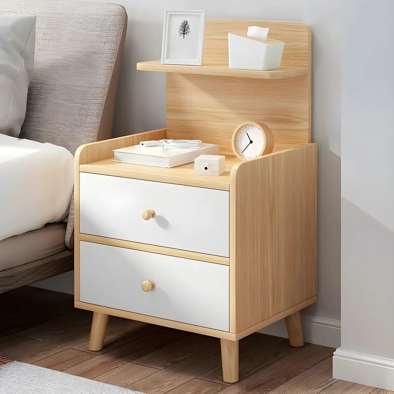 Modern Wooden Bedside Table with Storage – Natural Finish Image - 2 | homeyfad