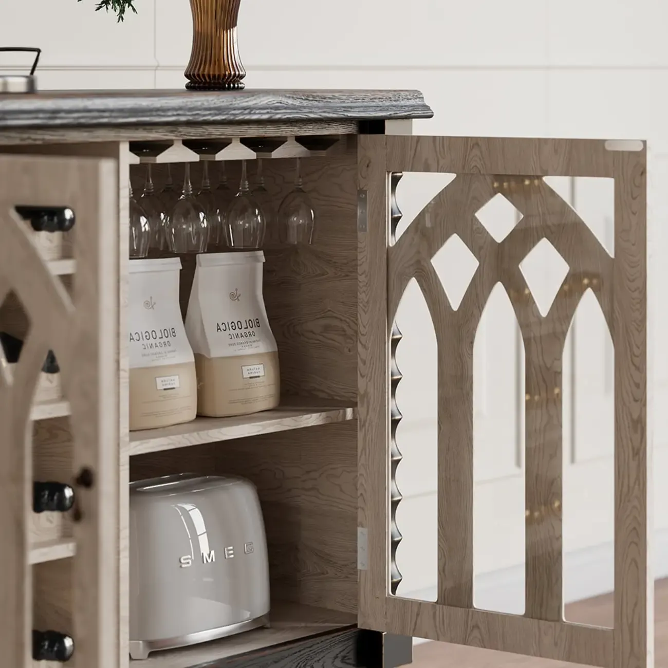 Traditional Black MDF Wine Rack Cabinet with Doors Image - 8