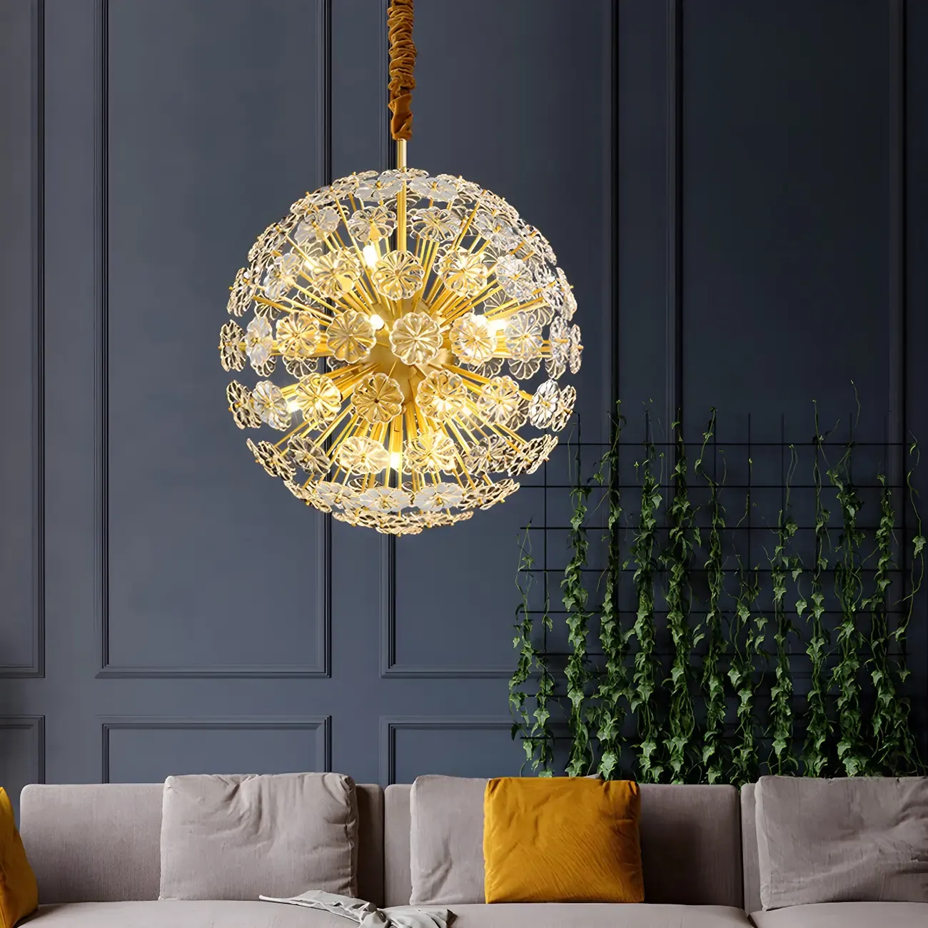 Gold Crystal Spherical Metal Floral Modern Chandelier Image - 4