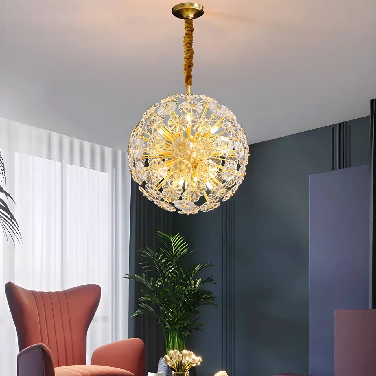 Gold Crystal Spherical Metal Floral Modern Chandelier Image - 2 | homeyfad