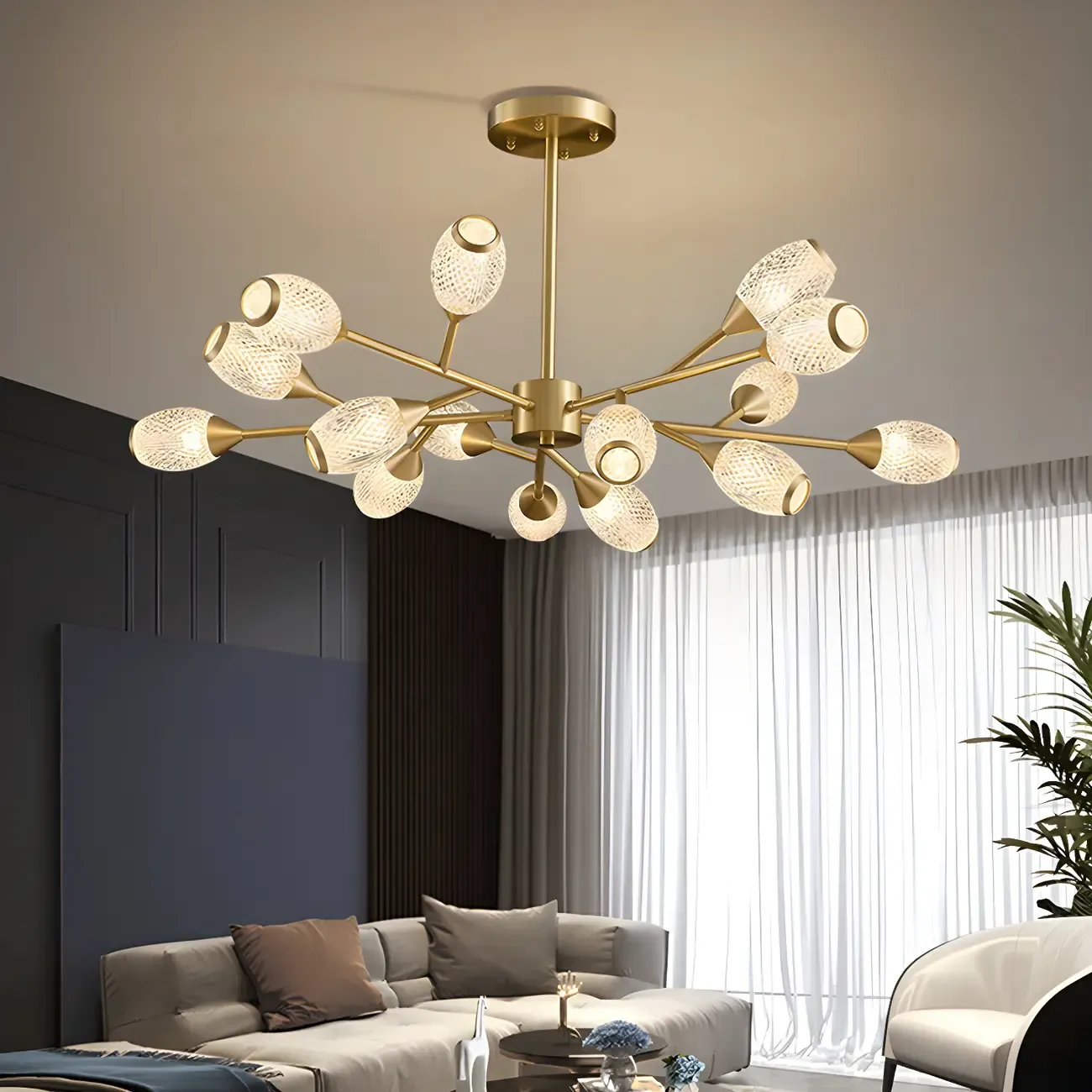 Mid-Century Modern Brass Sputnik Chandelier with Acrylic Shade Image - 1