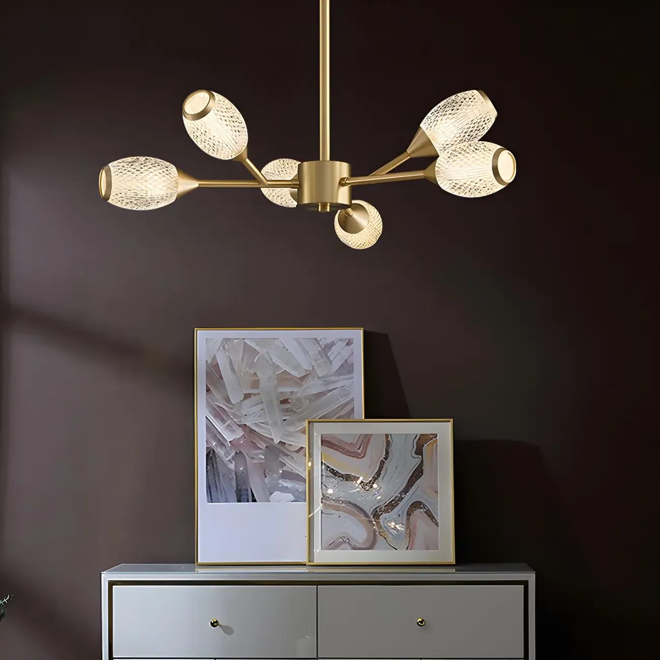 Mid-Century Modern Brass Sputnik Chandelier with Acrylic Shade Image - 2