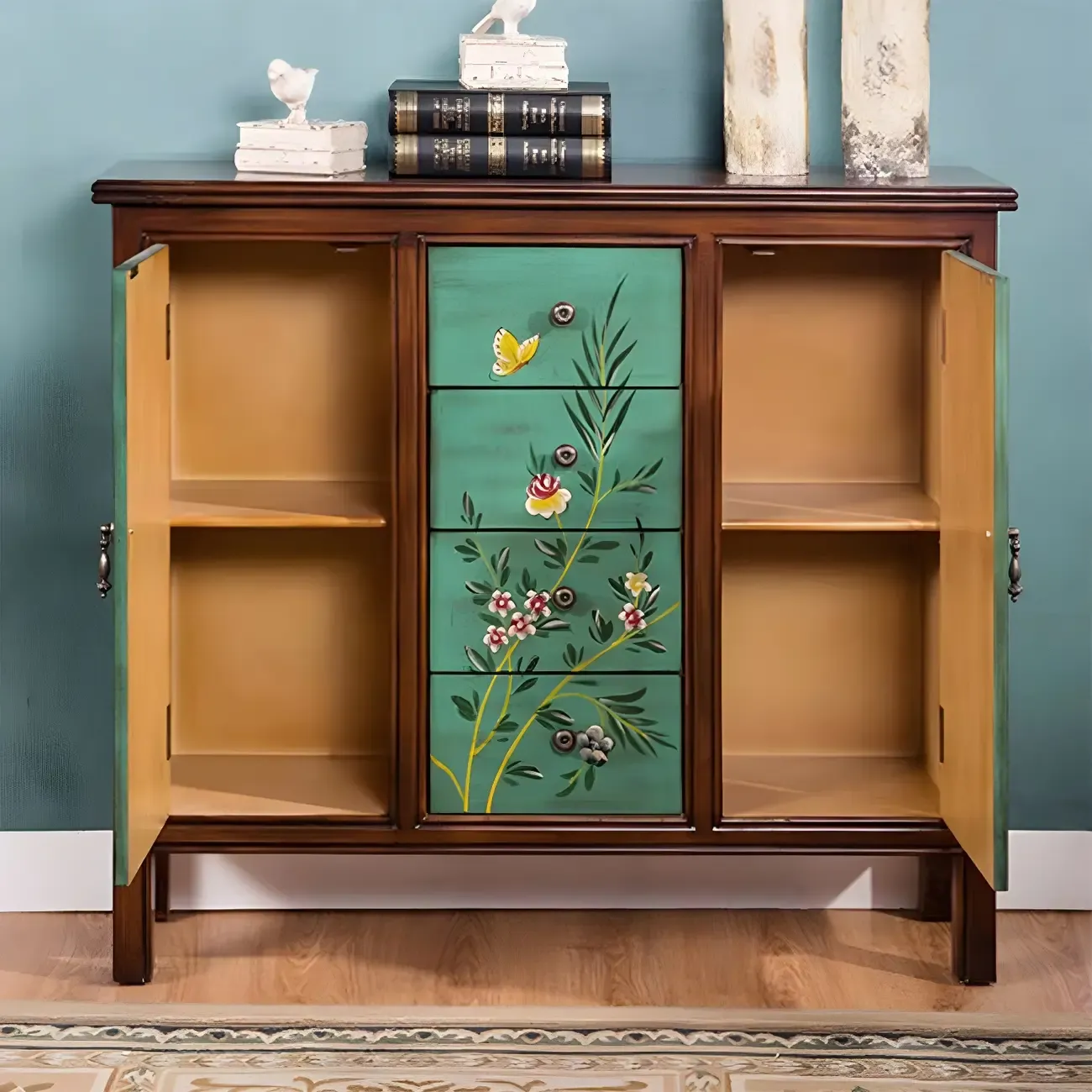 Traditional Wooden Dresser with Floral Design for Bedroom Image - 3