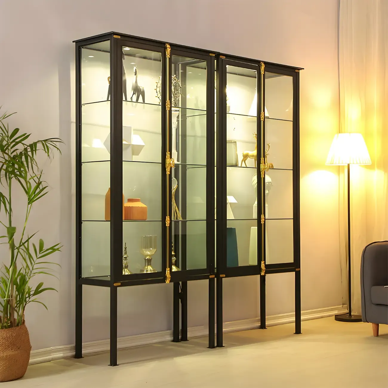Elegant Black Metal Display Cabinet with Shelves for Dining Room Image - 1