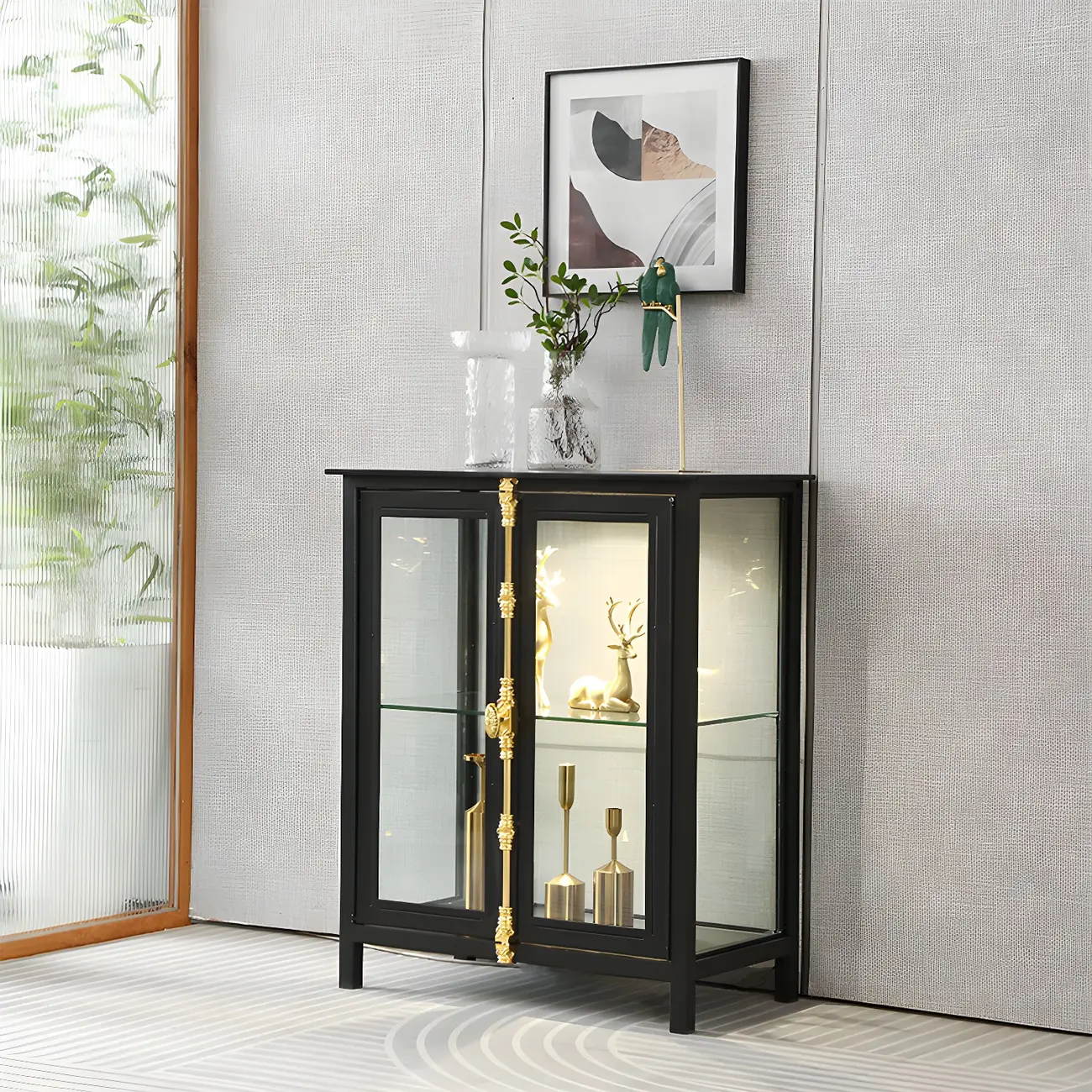 Elegant Black Metal Display Cabinet with Shelves for Dining Room Image - 2 | homeyfad