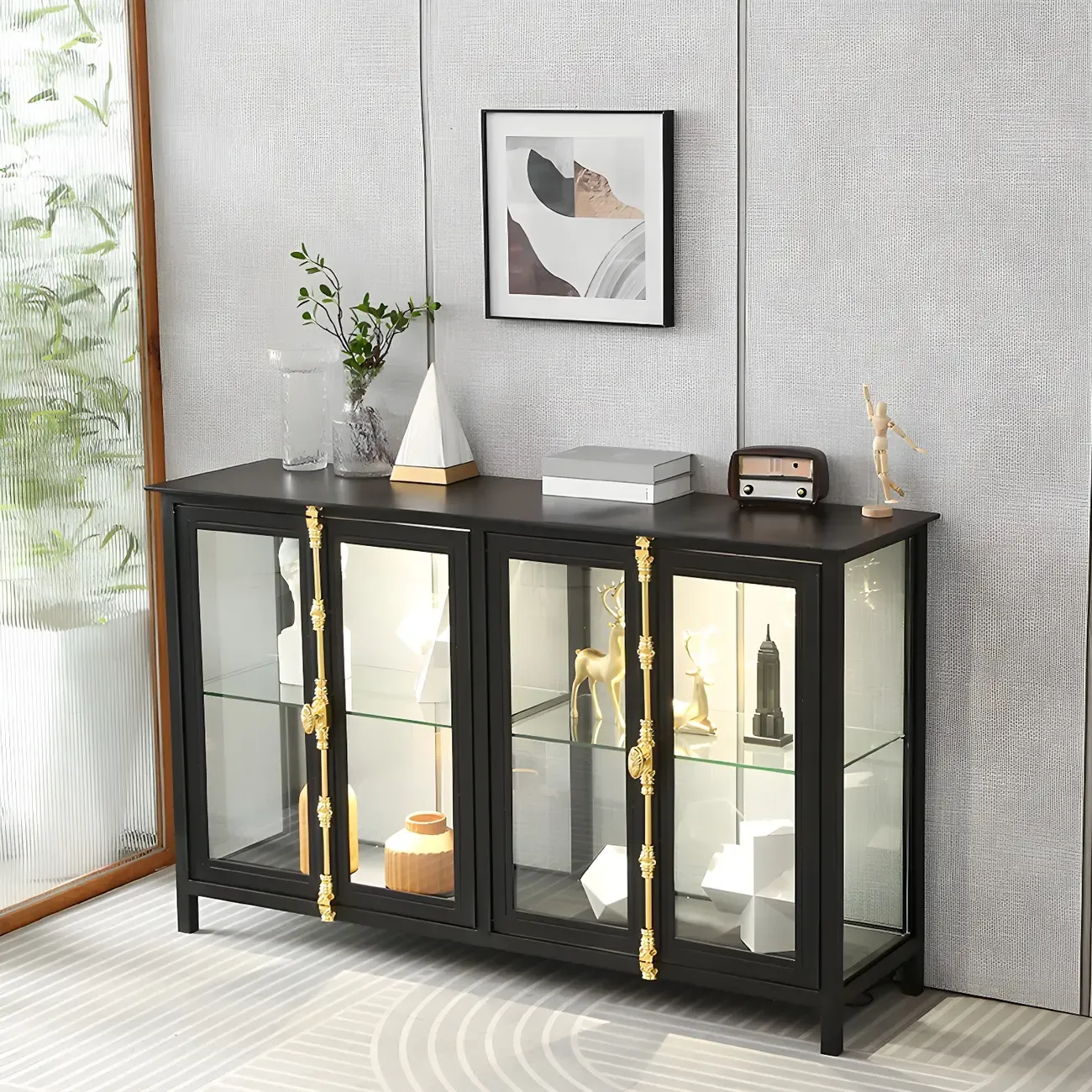 Elegant Black Metal Display Cabinet with Shelves for Dining Room Image - 3