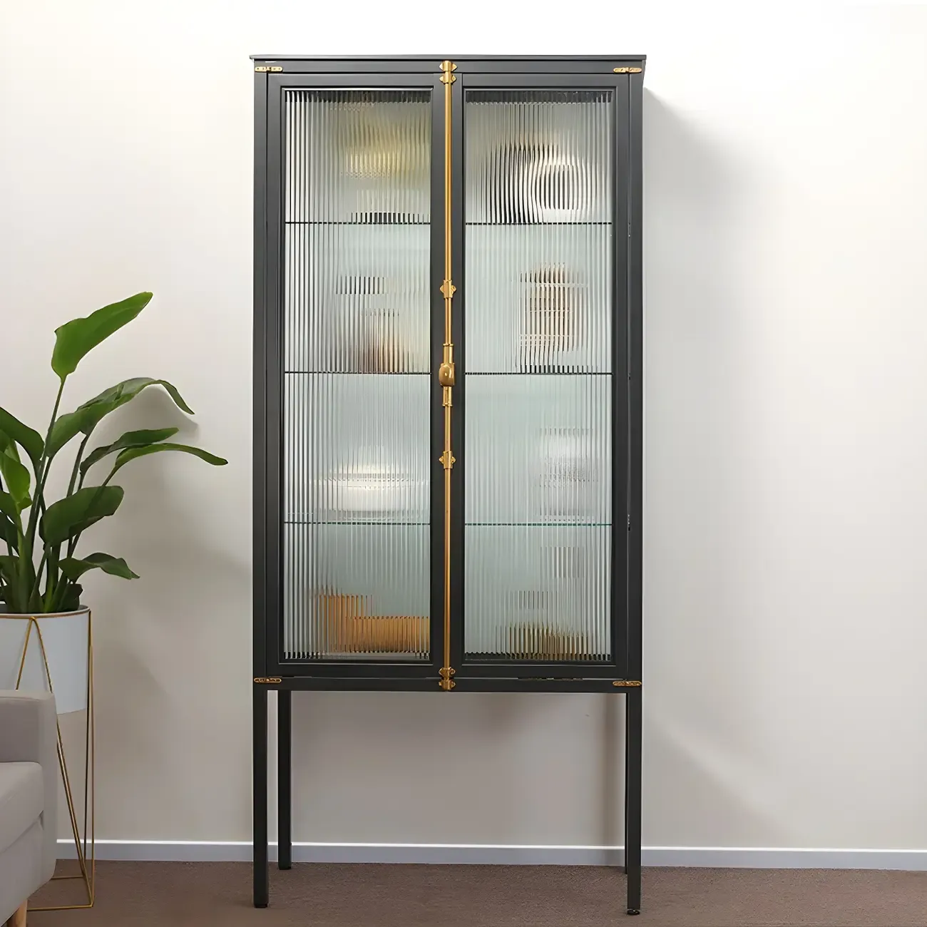 Elegant Black Metal Display Cabinet with Shelves for Dining Room Image - 5