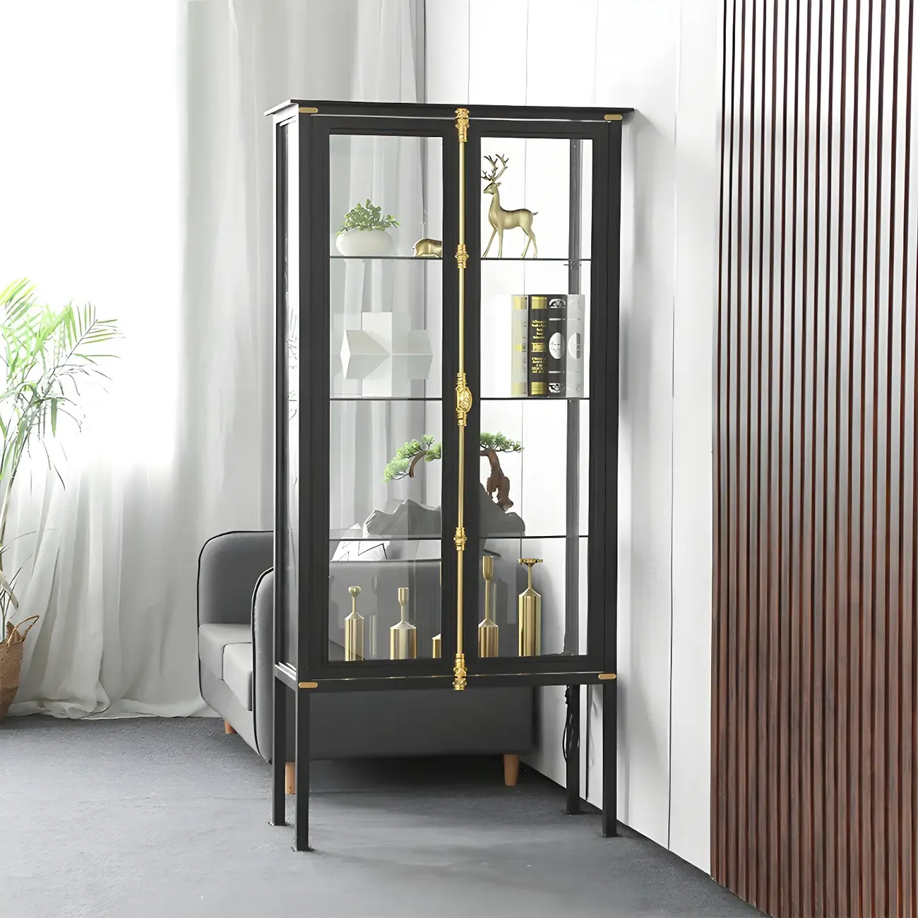 Elegant Black Metal Display Cabinet with Shelves for Dining Room Image - 6